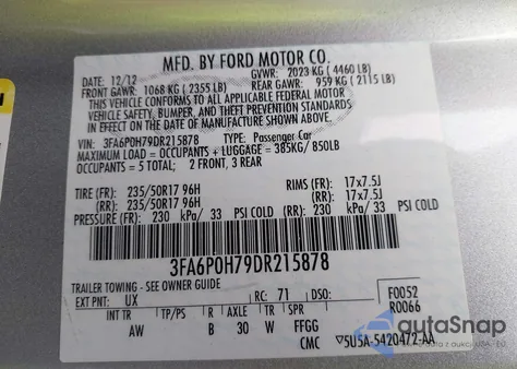 2013 Ford Fusion Se from USA, damaged, VIN 3FA6P0H79DR215878